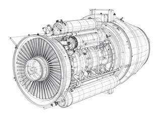 Detailed wireframe model of a jet engine