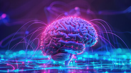 Fototapeta premium Brain computer interface (BCI) concept. Glowing brain with neon lights and digital connections symbolizes artificial intelligence and neural networks