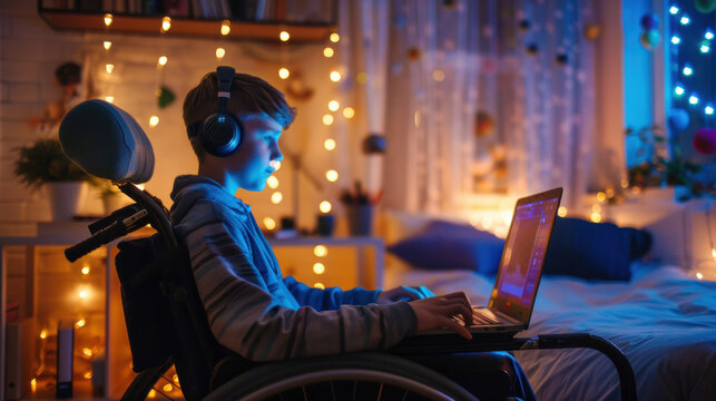 Brain computer interface (BCI) concept. Boy with a spinal injury wearing headphones in a wheelchair using a brainwave-controlled laptop - Powered by Adobe