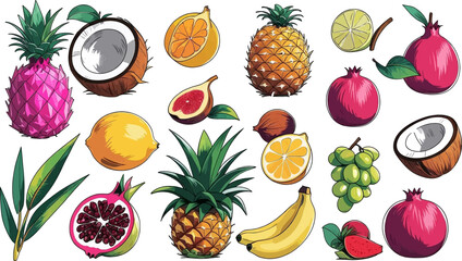 Many colorful tropical fruits perfect for healthy food, nutrition, smoothie, exotic recipes, kitchen decor, fruit prints, and wellness blog.