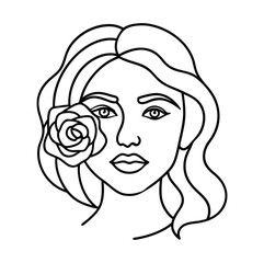 Woman face continuous one line vector drawing. Style templates with abstract female face and rose. Modern minimalist simple linear style. Beauty fashion design