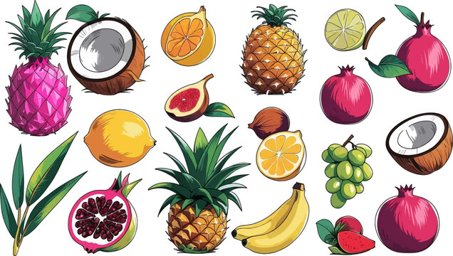 Many colorful tropical fruits perfect for healthy food, nutrition, smoothie, exotic recipes, kitchen decor, fruit prints, and wellness blog.