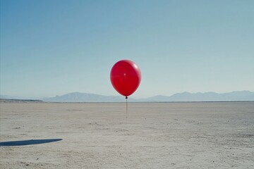 Solitary Red Balloon Floating Above Arid Desert Landscape with D