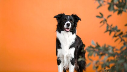 Fototapeta premium Black and white dog sits against vibrant orange backdrop, partially obscured by foliage
