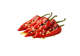 Roasted red peppers, peeled, glistening with olive oil, garlic, and char marks, elegantly arranged on a white plate, soft studio light, blurred gray background, gourmet appetizer concept.