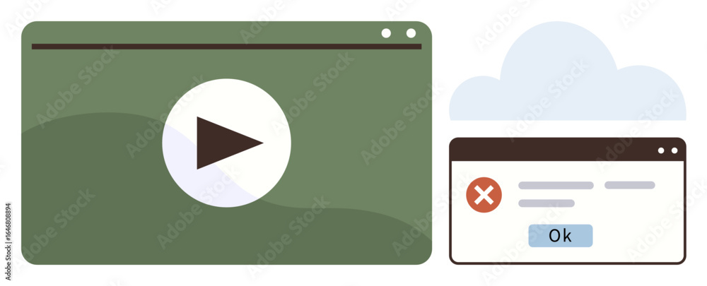 Poster green video player with play button next to error popup window over cloud background. ideal for tech