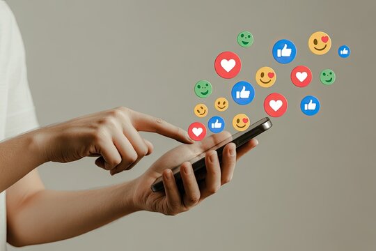 Close up of hands using a smartphone with social media reaction icons like hearts and thumbs up floating upwards