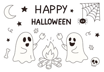 Trick or treat. Two ghosts roasting marshmallows over a campfire at night under the moon isolated on white background, doodle style drawing for Halloween design, coloring pages