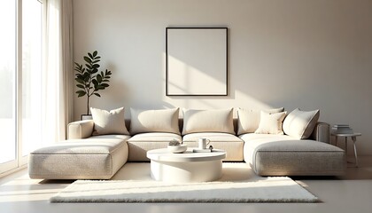 A modern and luxurious living room with upscale interior design, Modern cozy living room with white sofa, wooden floor, big window, natural light, black round coffee table, created with generative ai