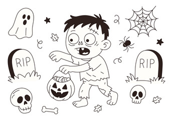 Trick or treat. Zombie walking with basket of sweets among graves and scaring, isolated on white background, doodle drawing for halloween design, coloring book
