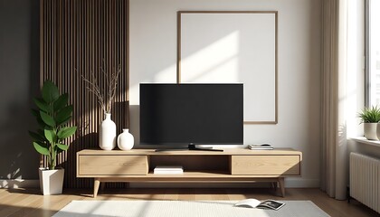 Modern living room with a TV on a cabinet, living room interior mock-up, Scandinavian Style Modern Living Room With Entertainment Center, created with generative ai