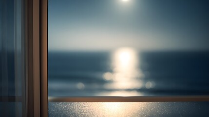 blurred image of a moonlit overwater suite viewed through condensation on a sliding glass door