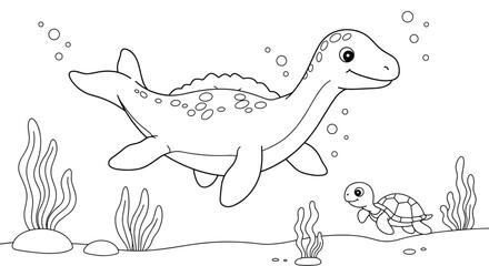 Obraz premium Coloring page featuring a friendly dinosaur swimming with a turtle 