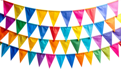 Festive Carnival garlands and bunting. Colorful triangle flags on rope for decoration of party, holiday, event, festive, celebration. Colorful pennants for banner, flyer template Vector design element