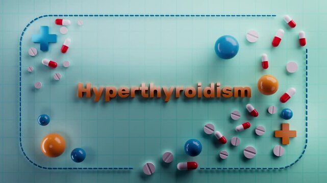 Animated text "Hyperthyroidism" on a 3D medical background. Ideal for biology education, cellular energy visuals, metabolic health, nutritional science, wellness content, or scientific medical project