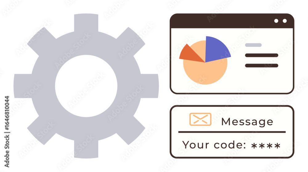 Poster gear icon beside pie chart analytics and a secure message code interface. ideal for technology, cybe