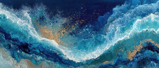 Abstract ocean wave art, blues, gold