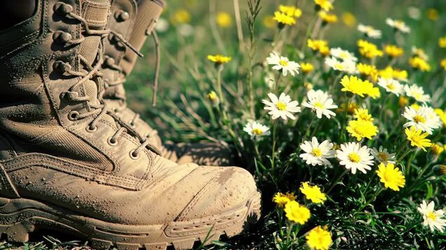 A soldier's muddy combat boot rests in a peaceful meadow of wildflowers, a powerful concept of war and peace