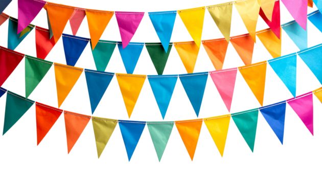 Festive Carnival garlands and bunting. Colorful triangle flags on rope for decoration of party, holiday, event, festive, celebration. Colorful pennants for banner, flyer template Vector design element