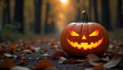 Fototapeta premium Halloween Jack o lantern in forest, a jack-o'-lantern on a path surrounded by autumn leaves in a dimly lit forest, Halloween background, spooky day, festive season, created with generative ai