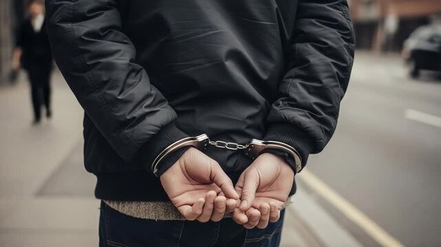 Close-up rear view of a handcuffed man arrested on a city street, symbolizing crime and justice.