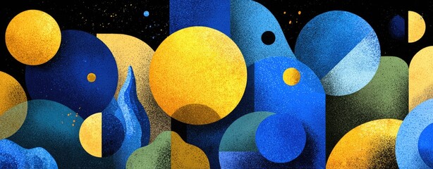 Abstract cosmic landscape with gold and blue orbs