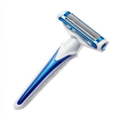 A blue and white razor razor on a white background