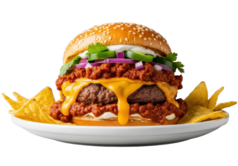 Loaded chili cheeseburger with juicy patty, melted cheese, chunky chili & fresh toppings on white plate with chips, gray background, bokeh. Concept of indulgent deliciousness