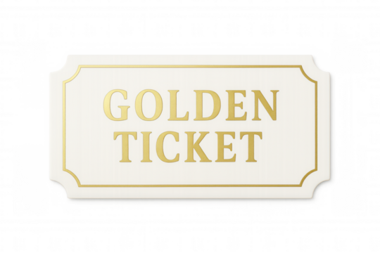 Golden ticket on a transparent background representing opportunity, luxury, exclusivity, and vip access