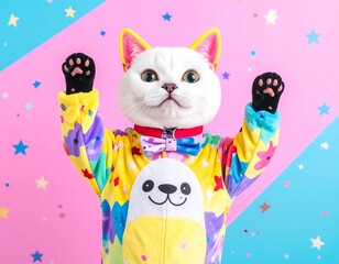 A white cat in a colorful pajama suit with its paws raised, against a pastel background