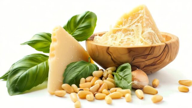 A wedge of hard cheese with fresh basil leaves and pine nuts arranged on a white background