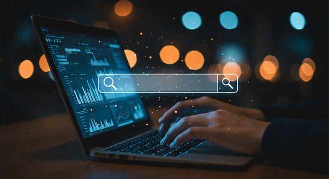 Hands type on a laptop displaying data charts and a search bar overlay, with bokeh lights in the background, suggesting online research or data analysis.