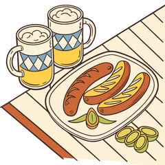 A delightful illustration of grilled sausages and frothy beer mugs served on a platter with sliced pickles perfect for a casual meal or gathering
