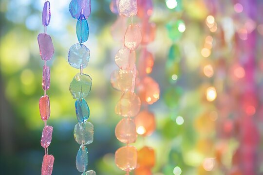 Translucent iridescent shell strands create a colorful bokeh bac