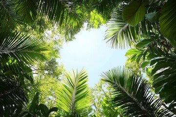 Fototapeta premium Tropical Canopy View: Palm Fronds Framing a Bright Sky