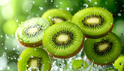 Kiwi slices in mid-air surrounded by crystal water droplets, with a vibrant green color and sharp details on a blurred green background
