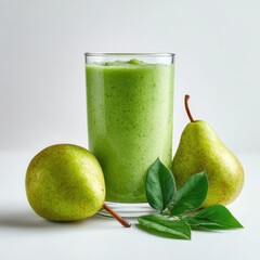 A glass filled with green smoothie next to two pears