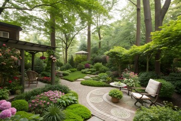 Enchanting woodland garden oasis with winding path and secluded seating area