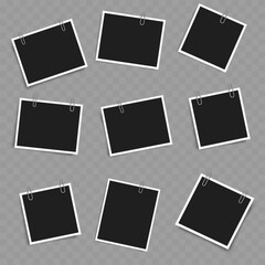 Set of Blank Photo Frames with Clips. Realistic Mockup. Vector