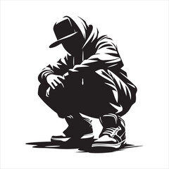 Fototapeta premium Silhouette of a Person in a Hoodie and Cap Crouching Down squatting