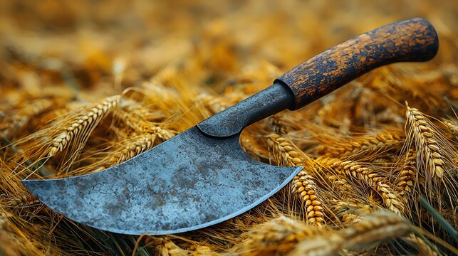 Rusty knife resting in golden wheat field