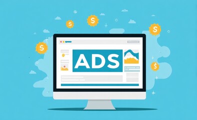 Computer monitor displaying ads, surrounded by financial symbols