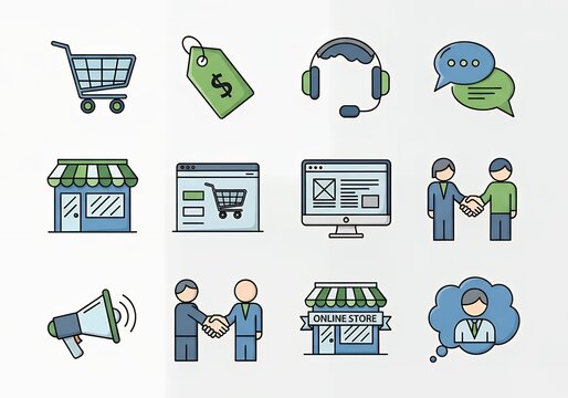 A vector set of shopping icons including cart, basket, bag, and gift symbols for e-commerce and retail illustrations