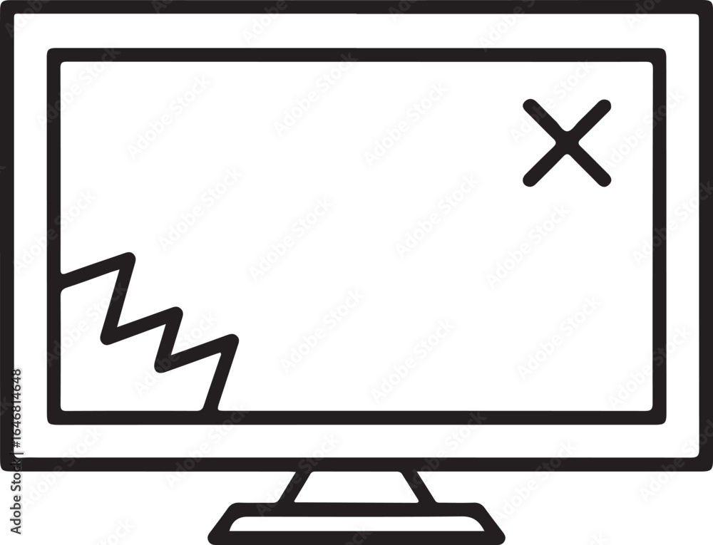 Poster simple line art icon of a broken computer monitor with a cracked screen and an error symbol