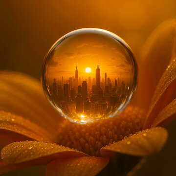 Hyperrealistic urban skyline reflected inside a water droplet on a petal, fantasy miniature concept
