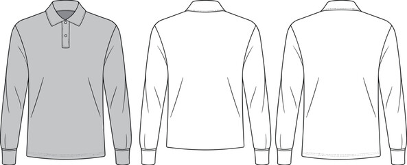 Vector CAD drawing of long sleeve polo shirt flat sketch, front and back views, buttoned collar, ribbed cuffs, fashion design template, editable apparel illustration