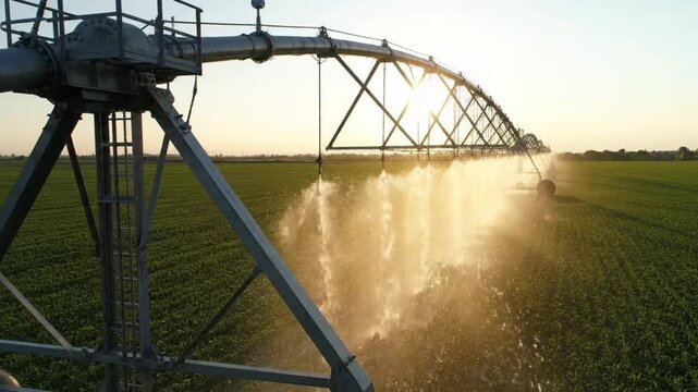 center pivot irrigation system sunset field farming