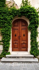 Ornate wooden door with a lush green vine
