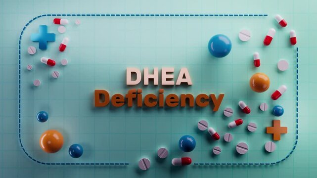 Animated text "DHEA Deficiency" on a 3D medical background. Ideal for biology education, cellular energy visuals, metabolic health, nutritional science, wellness content, or scientific medical project
