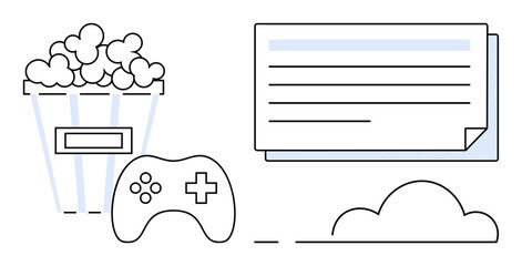 Popcorn bucket beside gaming controller and streaming screen with text, symbolizing entertainment options. Ideal for leisure, gaming, streaming, movie night, online activity, digital content, simple